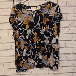 Cynthia Rowley Women's Size L 100% Linen Blouse Blue Iris Leaf Pattern Buttons